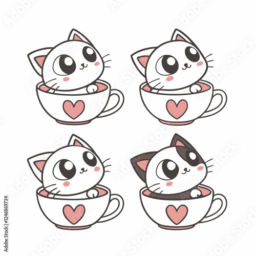 A Set of Cute Cat in Coffee Cup Vector Design Illustration