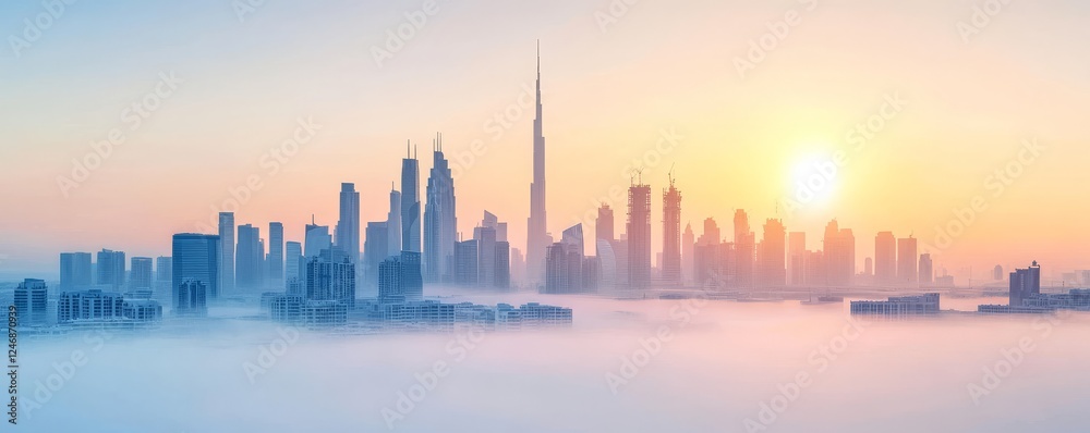 Fototapeta premium Beautiful skyline with sunset and fog.