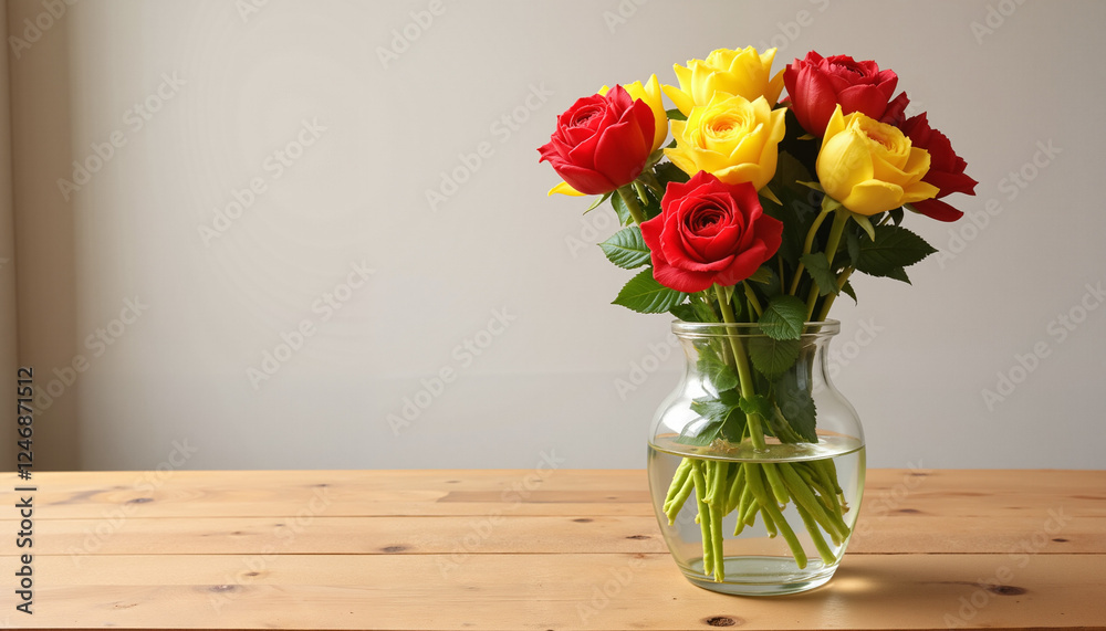 Fototapeta premium Vibrant fresh-cut roses in clear vase on wooden table, floral beauty