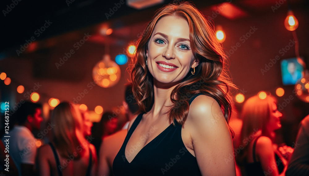 Portrait of a red-haired woman smiling in a festive indoor setting with warm lighting and lively ambiance. Portrait of a red-haired woman smiling in a festive indoor setting with warm lighting and lively ambiance.