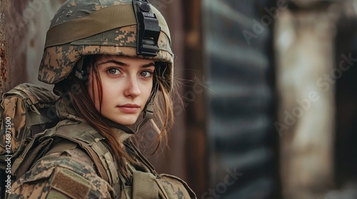 A dedicated soldier stands with determination, clad in camouflage fatigues and a helmet, embodying strength and readiness for duty in a challenging environment photo