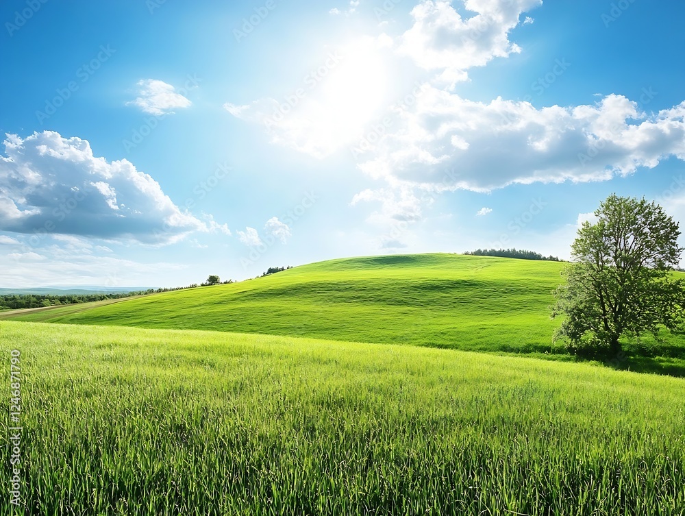 Idyllic Green Hill Under Sunny Blue Sky with Lush Grass and Solitary Tree : Generative AI Idyllic Green Hill Under Sunny Blue Sky with Lush Grass and Solitary Tree : Generative AI