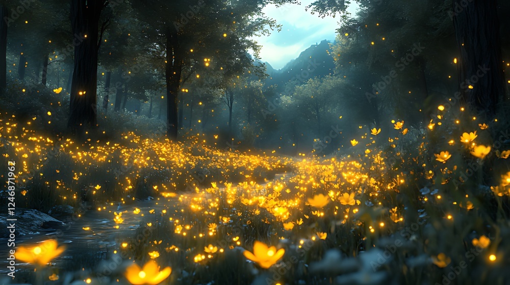 Obraz premium Magical firefly forest stream, fantasy background, game asset
