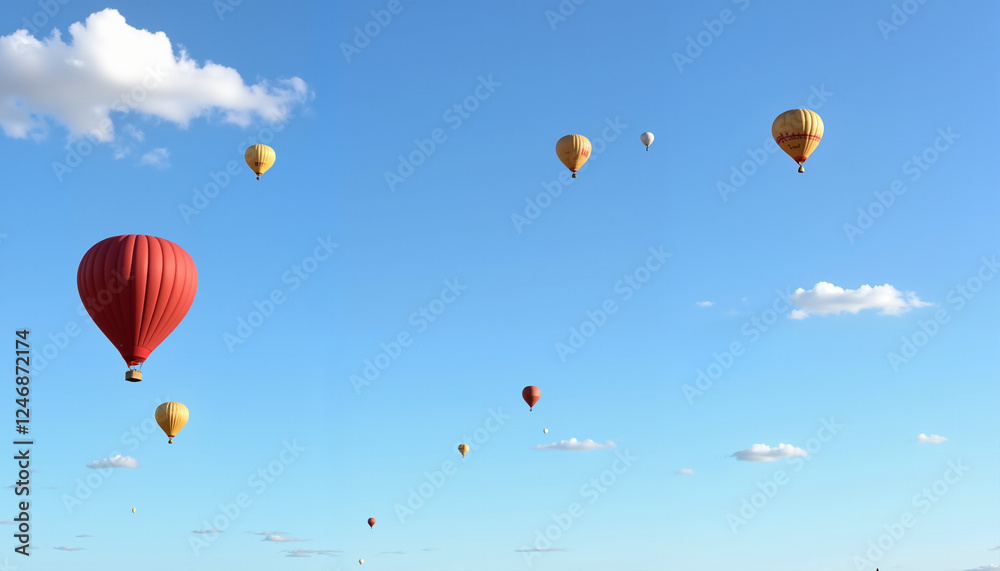 Fototapeta premium Colorful hot air balloons floating in blue sky with clouds, joy of flight