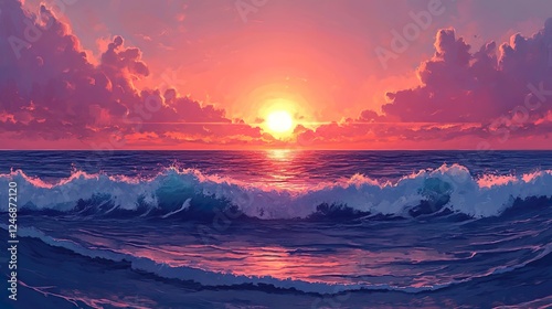 Stunning Digital Painting of Ocean Waves at Sunset