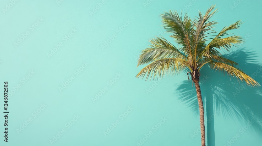 Fototapeta premium Tropical beach getaway with coconut palm and clear turquoise water in bright sunny conditions. Generative AI