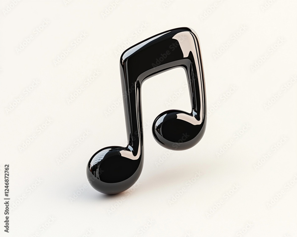 Glossy black music note rendered in three-dimensional design, symbolic representation of melody and rhythm in digital format Glossy black music note rendered in three-dimensional design, symbolic representation of melody and rhythm in digital format