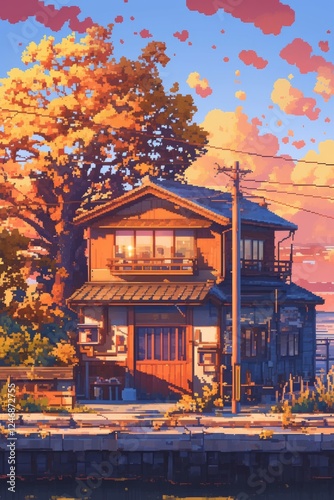 Suburban House under the Sunset Sky