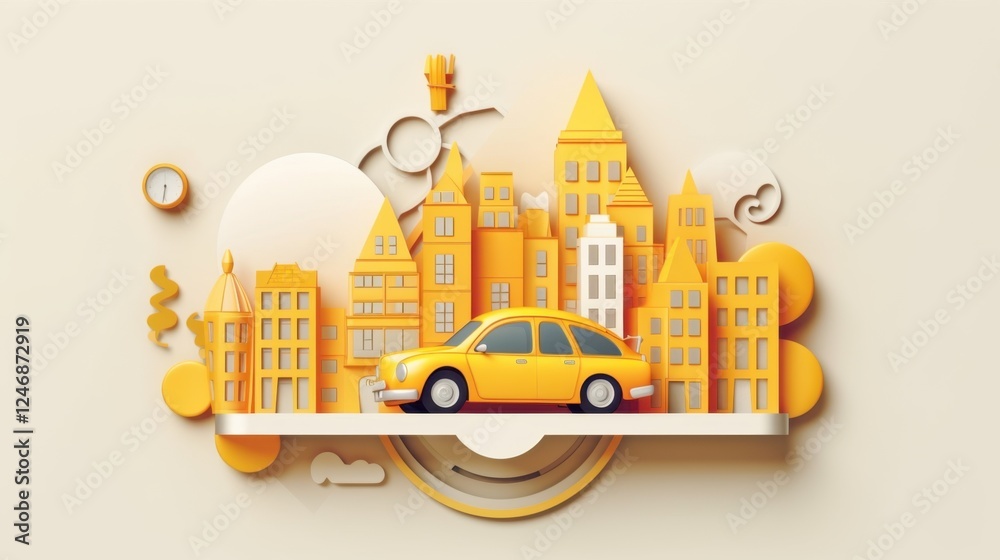 Naklejka premium Charming Yellow Cityscape: A Whimsical 3D Paper Art Illustration of a City with a Yellow Car