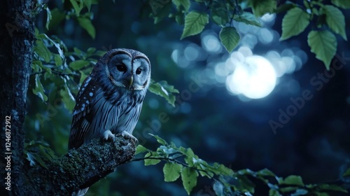 An owl giving a soft hoot while perched on a tree branch during a peaceful moonlit night in the forest