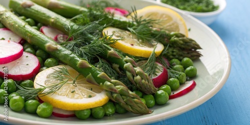 Fresh asparagus salad with lemon, radish, peas, and dill garnish on a plate