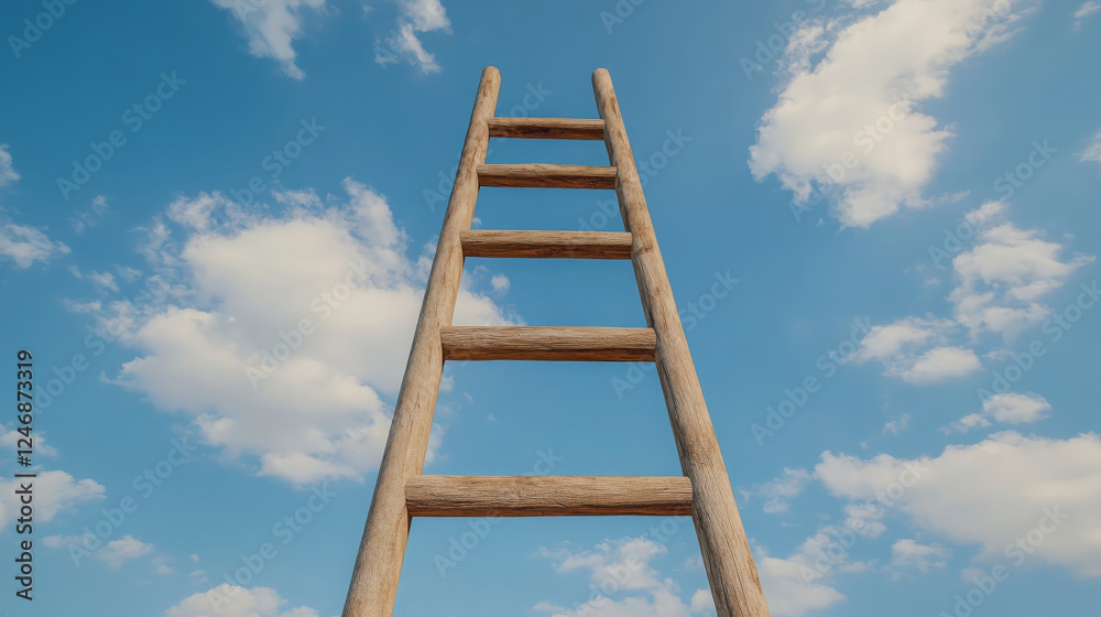 tall wooden ladder extends upward into bright blue sky with fluffy clouds, symbolizing aspiration and reaching new heights tall wooden ladder extends upward into bright blue sky with fluffy clouds, symbolizing aspiration and reaching new heights