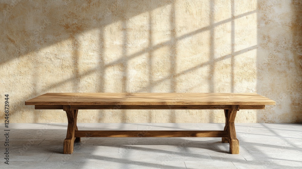 Wooden bench positioned against a wall in a cozy indoor setting with natural light Wooden bench positioned against a wall in a cozy indoor setting with natural light