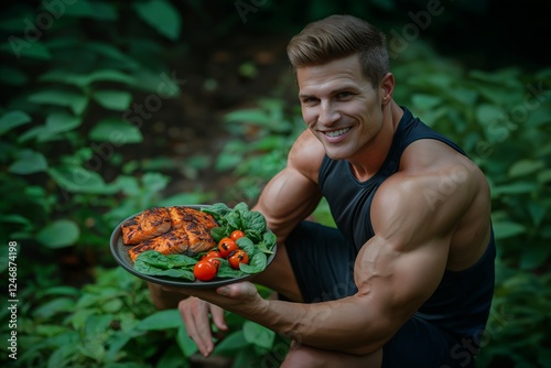 Fitness enthusiast holds plate of grilled wild-caught fish, fresh spinach, and cherry tomatoes, showcasing paleolithic diet for effective weight loss. Concept emphasizes sustainable eating habits photo