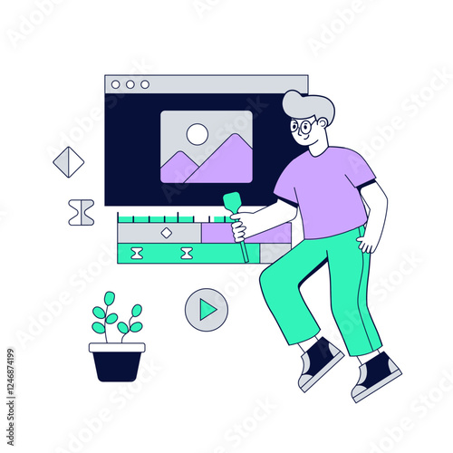 Motion Designer Edits Timeline. Guy levitates.  Vector Illustration