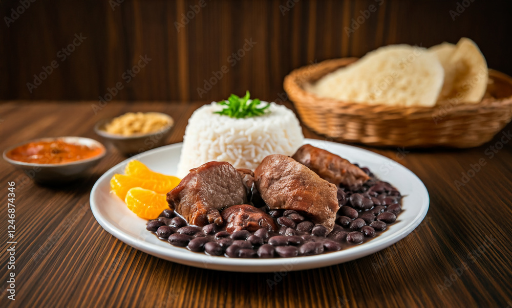 Feijoada, typical Brazilian food with black beans, pork and sausage Feijoada, typical Brazilian food with black beans, pork and sausage