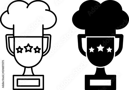 Award Icons. Black and White Vector Icons. Chef Hat and Cup with Stars. Prestigious Rating. Restaurant Concept