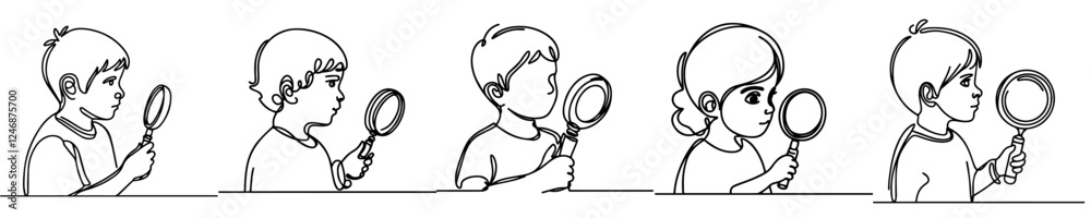 continuous one line kids with magnifying glass continuous one line kids with magnifying glass