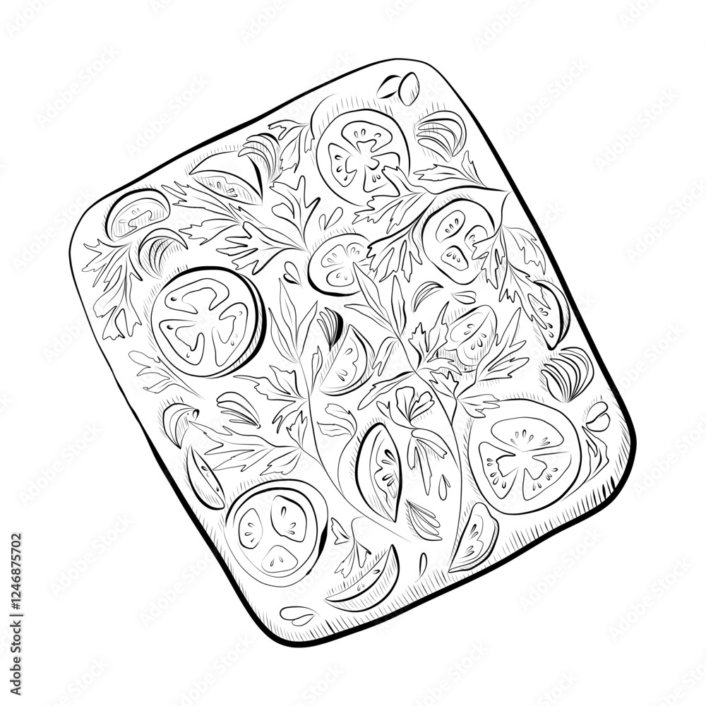Line drawing. Line art of food - focaccia, dough with herbs and tomatoes. Vector minimalist design Line drawing. Line art of food - focaccia, dough with herbs and tomatoes. Vector minimalist design