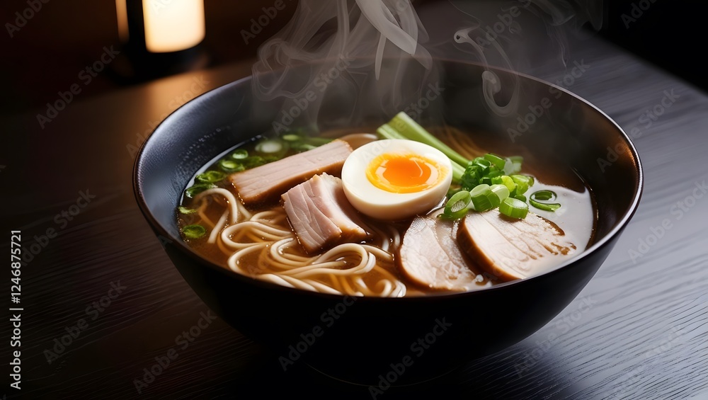 steaming bowl of Japanese ramen with sliced pork, soft boiled egg, and green onions, served in dark setting, evokes warmth and comfort