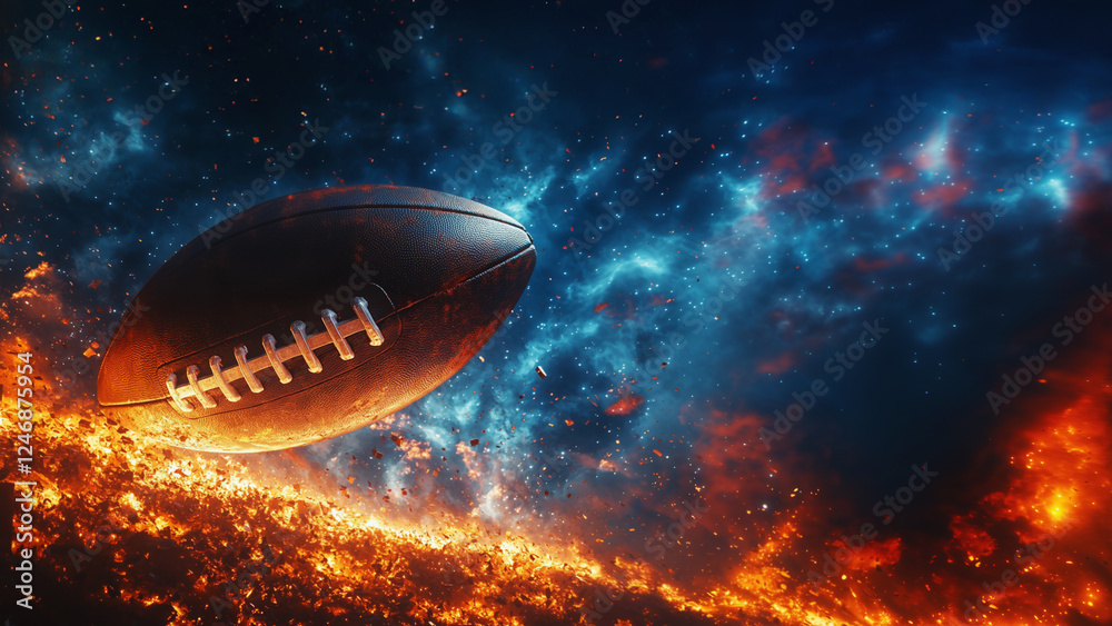 Fototapeta premium Burning american football ball. Fire embers particles over black background. Fire sparks background. Poster with copy space.