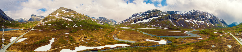 High mountain landscape landscape. View from above of mountain valley. Longfjellelva river. Beautiful nature of Norway. Trollstigen Tourist Route (Turistväg) in National Park. Horizontal banner