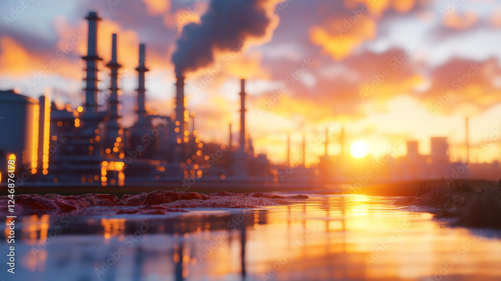 Fototapeta premium vibrant sunset reflects on water in foreground, with industrial plant emitting smoke in background. scene captures contrast between nature and industry, evoking sense of awe