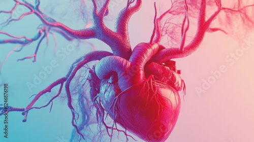 Vivid anatomical representation of the circulatory system highlighting veins arteries and heart structure. Generative AI