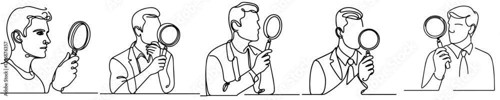 vector continuous line set of people with magnifying glasses vector continuous line set of people with magnifying glasses