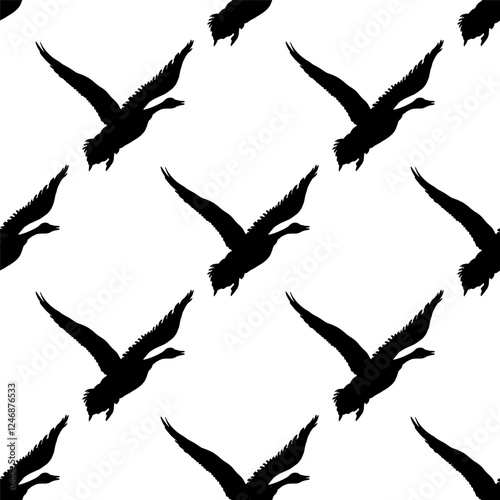 Canada geese. Black silhouettes of vintage style flying birds. Seamless pattern. Hand-drawn graphic design. Vector illustration on white background.