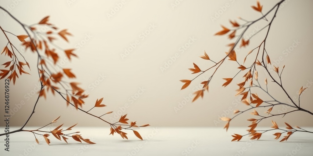 Serene Minimalist Arrangement of Dried Autumn Branches with Delicate Leaves on Neutral Background