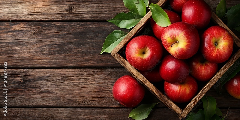Fresh red apples in a wooden crate with leaves on rustic wooden table : Generative AI Fresh red apples in a wooden crate with leaves on rustic wooden table : Generative AI
