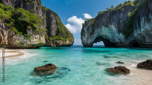 A secluded tropical beach with turquoise waters gently lapping against white sand, surrounded by towering cliffs and mysterious sea caves hidden in the rock