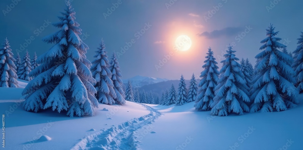 Fototapeta premium Snow-covered trees stretch towards a pale moonlit sky, tree, scenery, woodland