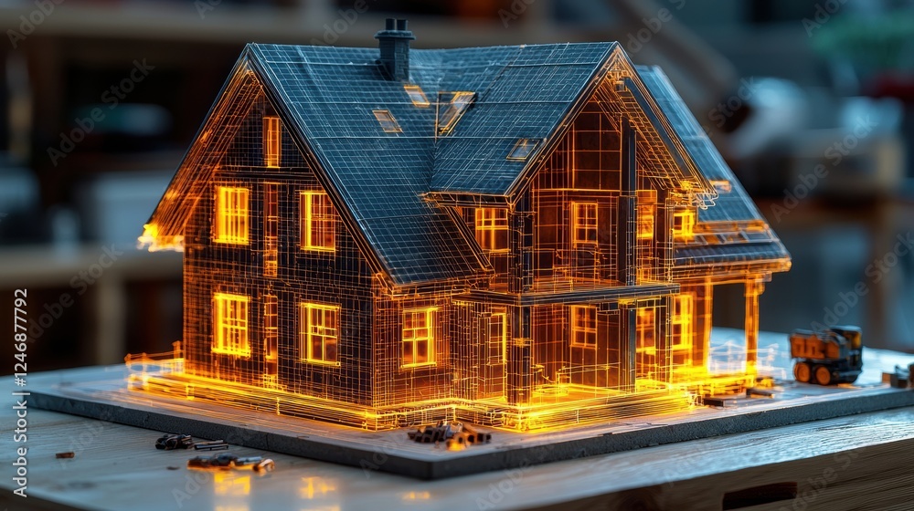 Digital Wireframe Model of a Modern House with Illuminated Structure Designed for Architectural Visualization and Real Estate Presentation Purposes Digital Wireframe Model of a Modern House with Illuminated Structure Designed for Architectural Visualization and Real Estate Presentation Purposes