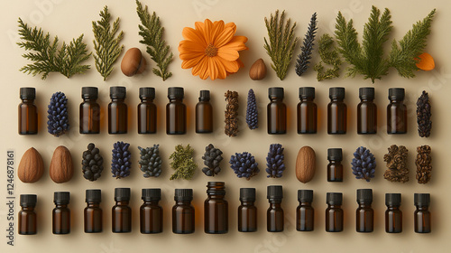 Mockup of multiple amber glass bottles with essential oils, arranged with natural elements like flowers, herbs, and nuts photo