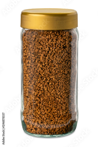 Soluble coffee in glass jar with gold-colored cap isolated