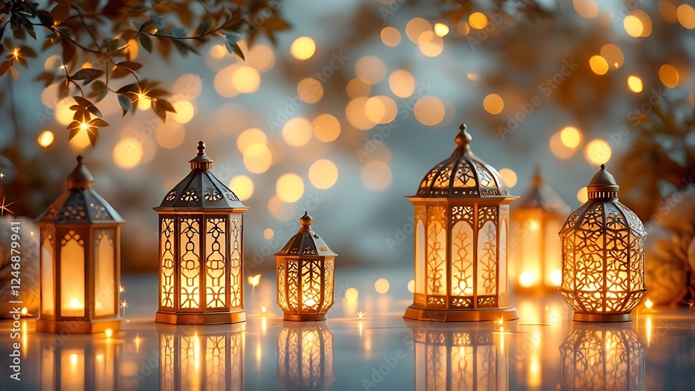 Golden and white ornamented Islamic background with elegant lanterns Golden and white ornamented Islamic background with elegant lanterns