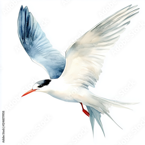 Illustration of the Arctic Tern in flight, soft watercolor tones, white background, detailed illustration, cartoonish.