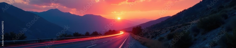 Fototapeta premium Mountain road at sunset with fading light trails, highway, sunset, landscape