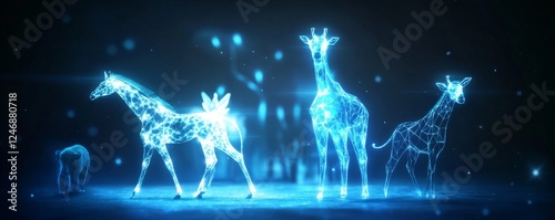 Elegant blue glowing giraffes in dark backdrop.