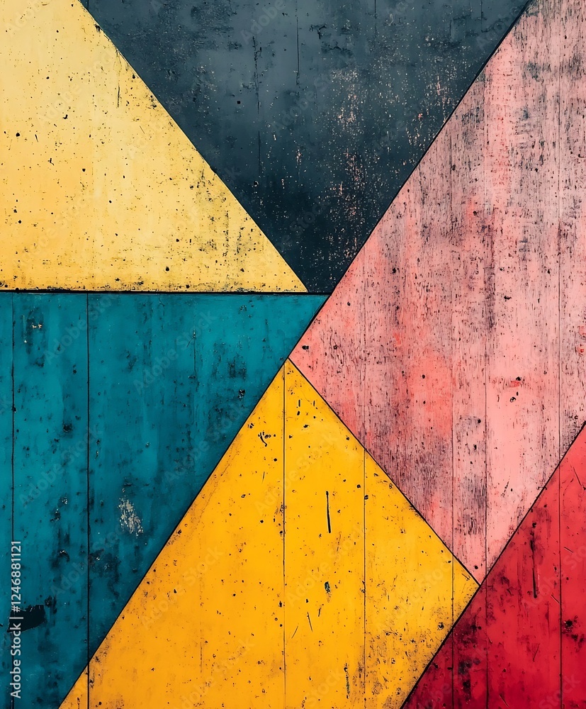 Naklejka premium Colorful Abstract Geometric Art on Rustic Wooden Surface with Vibrant Triangular Shapes : Generative AI