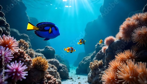 A lively submerged scene displaying a variety of exotic fish in striking shades of blue, orange, yellow, and purple. The fish swim smoothly through completely clear waters, encompassed by lavish cora