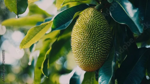 Close up view of a jackfruit on a tree, featuring its bumpy green-yellow skin and lush green leaves. Soft, natural light highlights the fruit and foliage