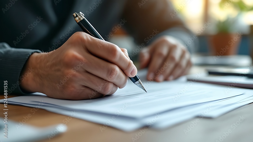 Close-up of a person working with documents, analyzing paperwork, and writing notes at a desk. Concept of office work, paperwork, and administration. Close-up of a person working with documents, analyzing paperwork, and writing notes at a desk. Concept of office work, paperwork, and administration.