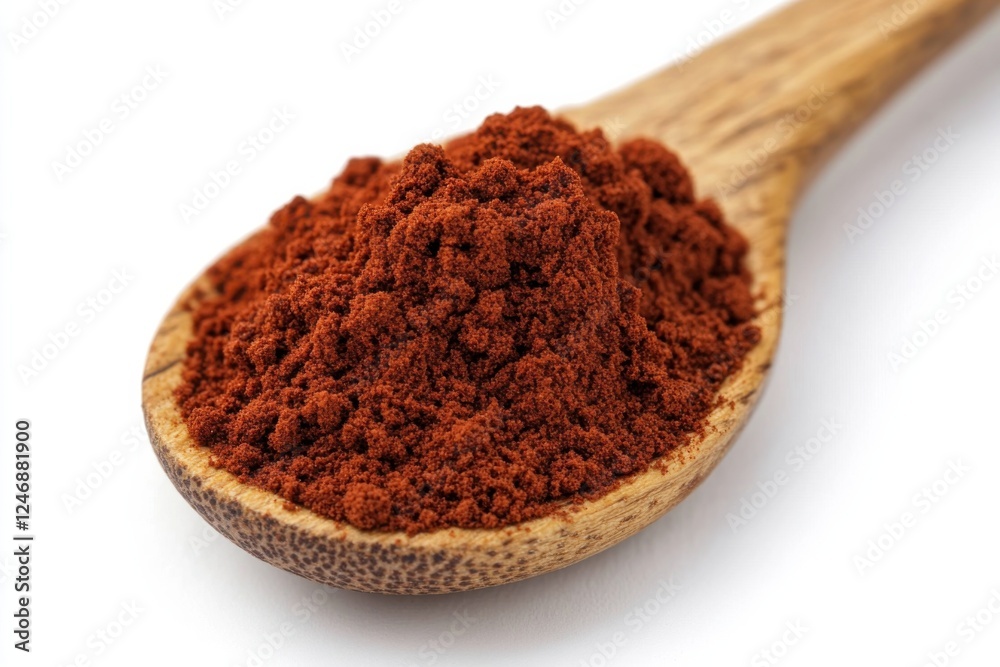 Rich cocoa powder in a wooden spoon on a clean white background with soft shadows Rich cocoa powder in a wooden spoon on a clean white background with soft shadows