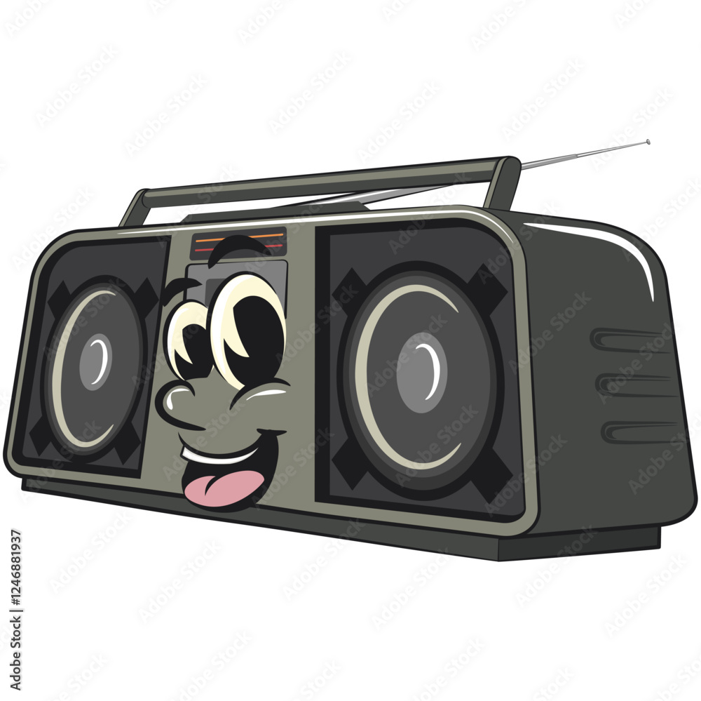 Cartoon retro groovy tape recorder boombox character, isolated vector vintage, work of hand drawn