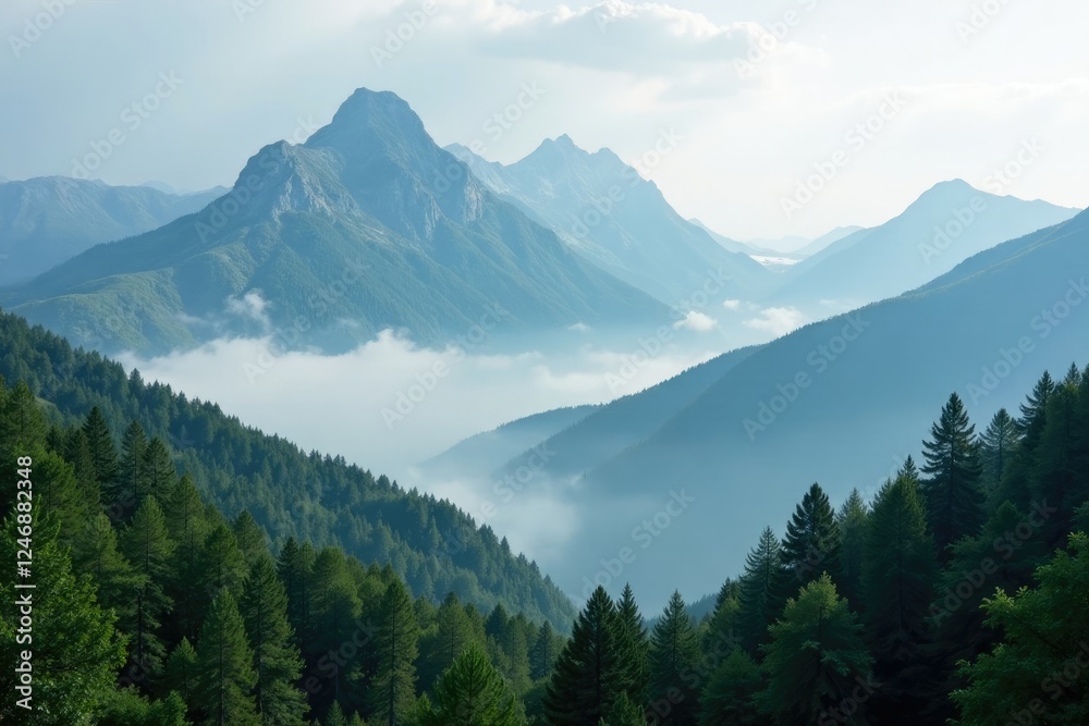 Fototapeta premium Misty mountain peaks shrouded in clouds and green forests, landscape, mountain, tree lined