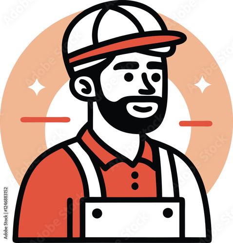 Minimalist cartoon worker portrait, bearded man, red cap, overalls, polo shirt, circular background, peach color, graphic design style, flat illustration, vector art, clean lines, retro-inspired