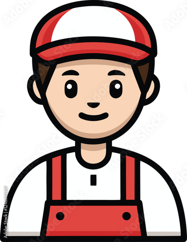 Cartoon character, delivery person, smiling face, red and white cap, white shirt, red overalls, simple line art style, flat colors, minimalist design, friendly expression, service industry worker